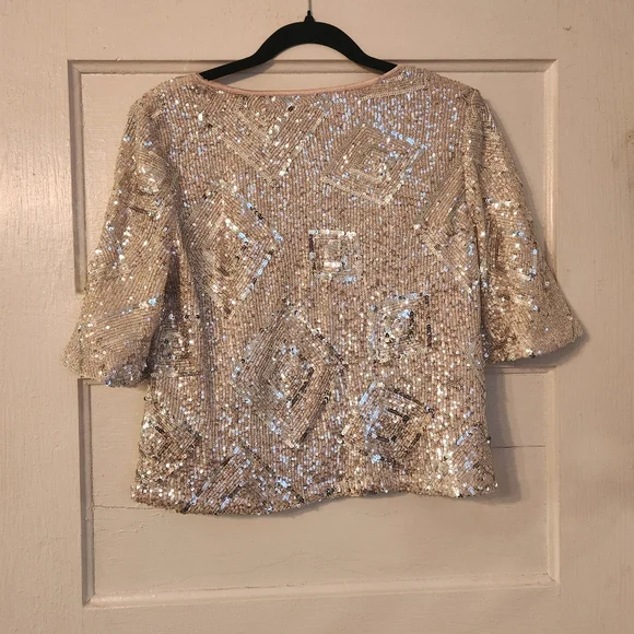 Skies Are Blue Top, Silver Sequined Cropped, Sz Small EUC Party, Cocktail, Club - Picture 8 of 14